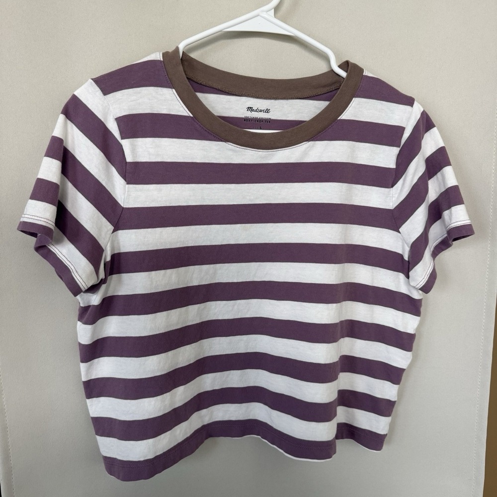 Madewell Womens Small Purple White Striped Short Sleeve Crop Top T-Shirt - Picture 2 of 7
